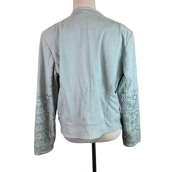 🟣🟣🟣 CHICOS Womens Size 1 Petite Blue Floral Padded Shoulder Zip-Up Sweater - Picture 3 of 9